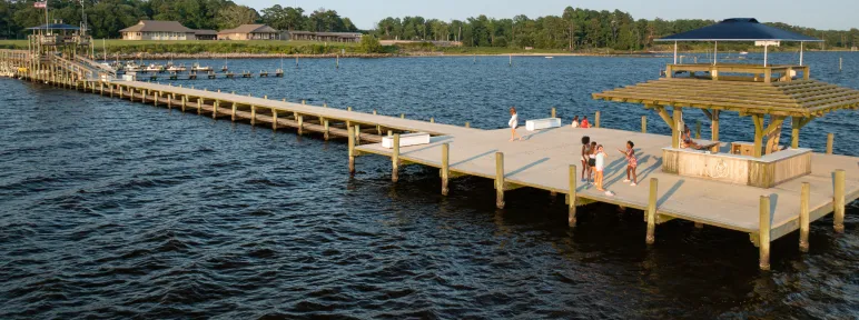 Aerial shot of girls on the pier