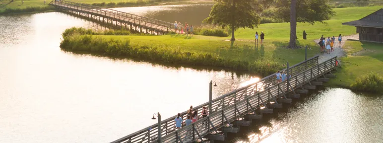 Sunset over connecting bridges at Camp Seafarer